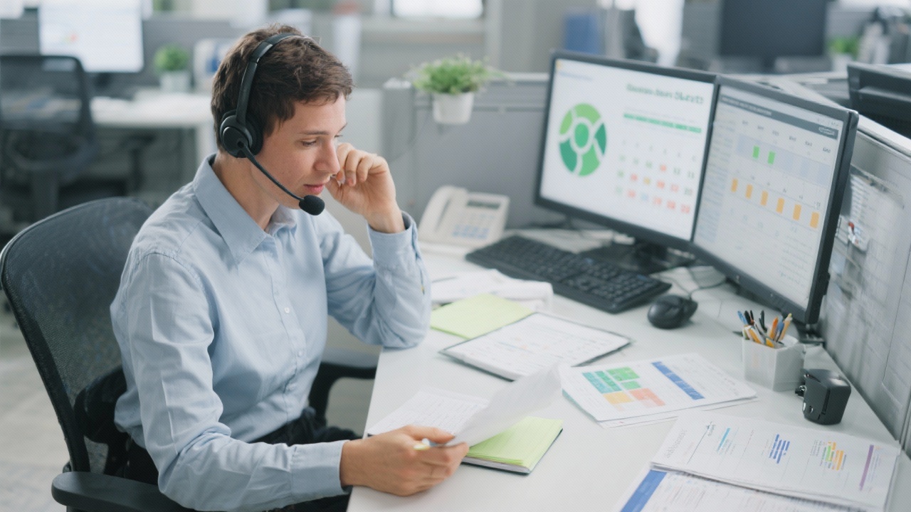 Customer success manager speaking on headset while reviewing sustainability project notes, compliance calendar, and stakeholder queries at a neat contact center desk.