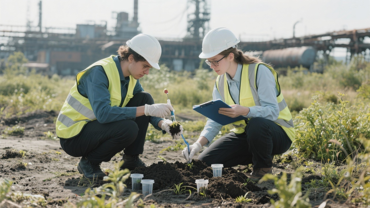 Young sustainability consultants wearing safety gear conducting biodiversity assessment in a rehabilitated industrial site, collecting soil samples and documenting habitat restoration indicators for ESG reporting.