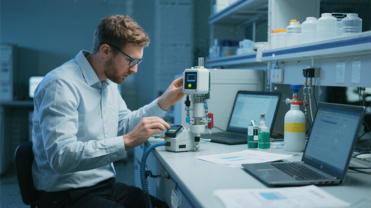 Engineer calibrating carbon emissions monitoring equipment in laboratory with sensors, laptops, calibration gases, and documentation to support science-based targets for client organizations.