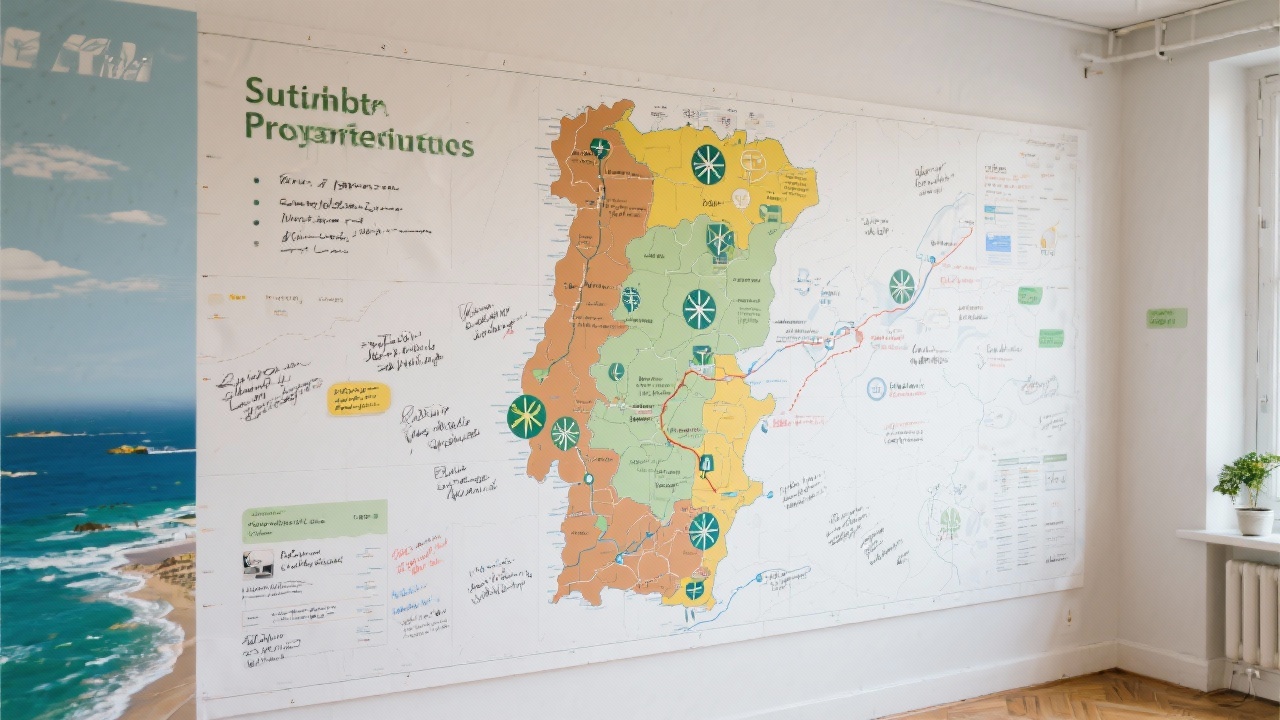 Large wall map of Portugal with highlighted regions, renewable energy icons, coastal resilience markers, and handwritten notes showing sustainability project distribution and stakeholder engagement routes.