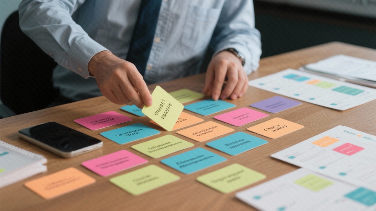 Analyst arranging colorful cards on table to prioritize milestones, compliance requirements, stakeholder workshops, and change management activities within an ESG implementation roadmap.