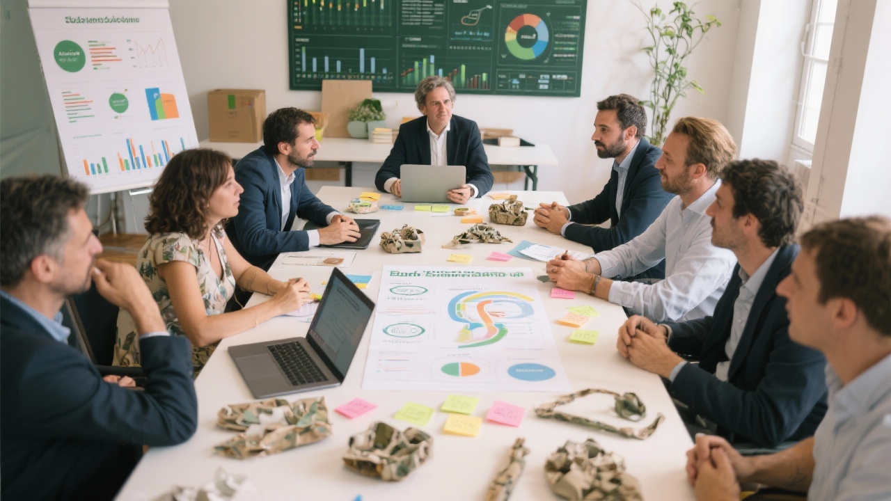 Partners from diverse Portuguese industries discussing sustainability roadmap around conference table with printed dashboards, laptops, recycled materials prototypes, and collaborative post-it notes guiding strategic decisions.