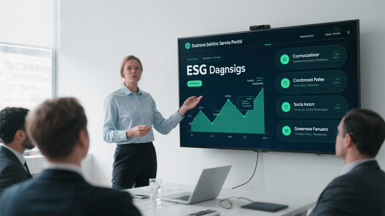 Consultant presenting sustainability service portfolio on interactive screen that shows ESG diagnostics, decarbonization pathways, social impact metrics, and governance frameworks to attentive executive audience.